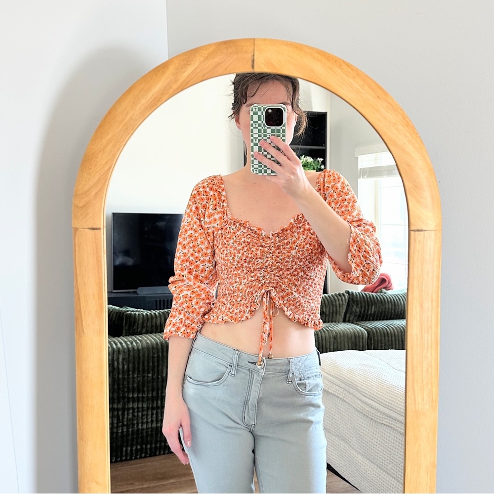 Orange Floral Smocked Women's Top